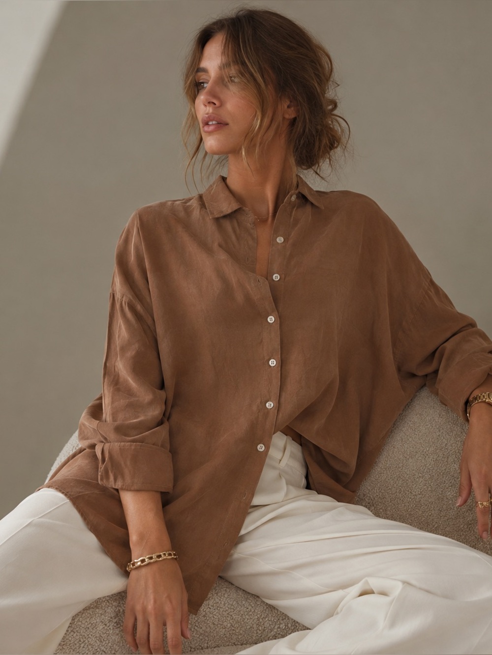 Natalie Busby Closet Hero Women S Brown Cupro Button Up Blouse Quiet Lux *flaw